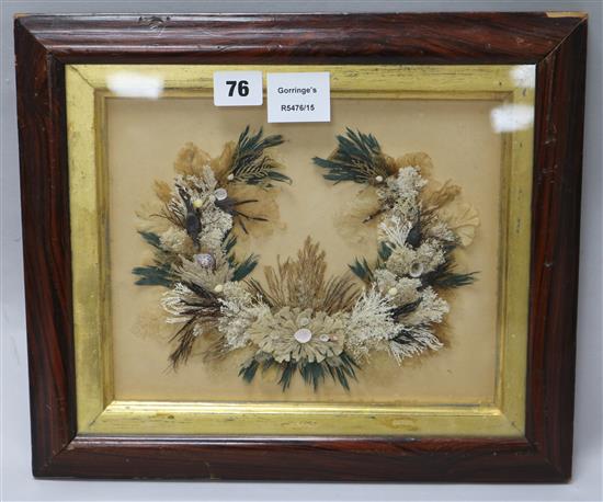 A Victorian faux rosewood framed seaweed and shell picture 30 x 25cm